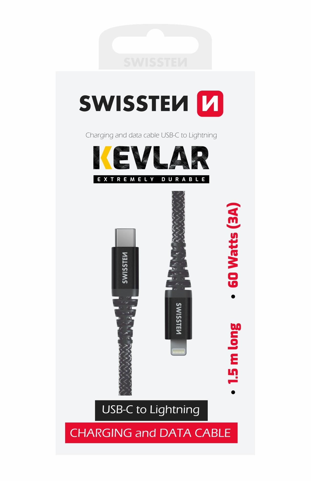 SWISSTEN KABEL / PRZEWÓD KEVLAR USB-C / LIGHTNING 1.5 M ANTRACYT