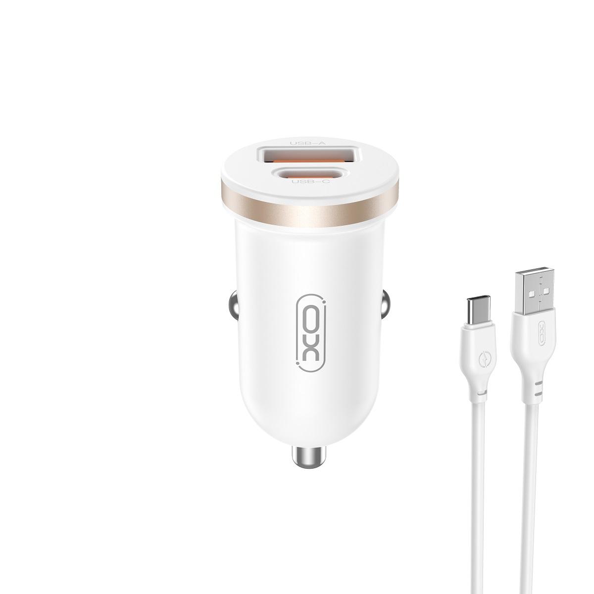 XO car charger CC56 PD 30W QC 1x USB 1x USB-C white + USB - USB-C cable